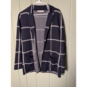 Ann Taylor Loft Cardigan Sweater Navy Blue Windowpane Check V-Neck Sz Medium